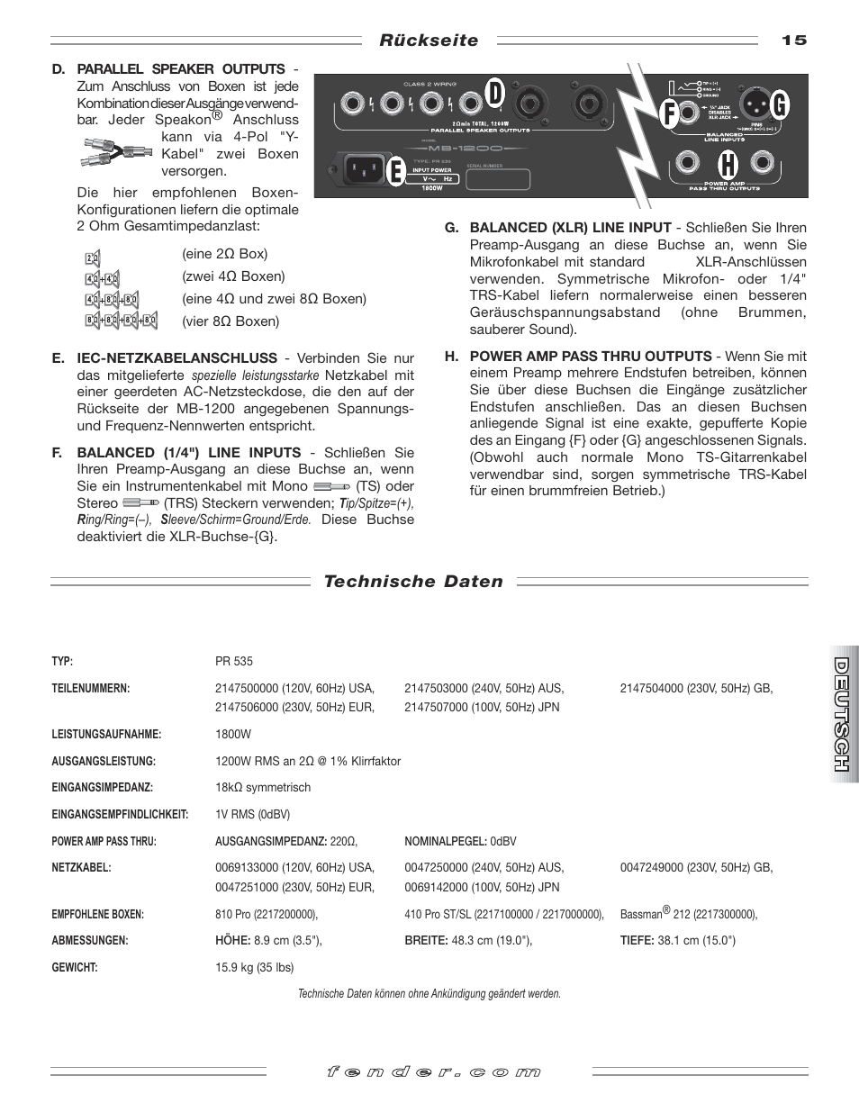 Technische daten, Rückseite | Fender MB-1200 User Manual | Page 15 / 20