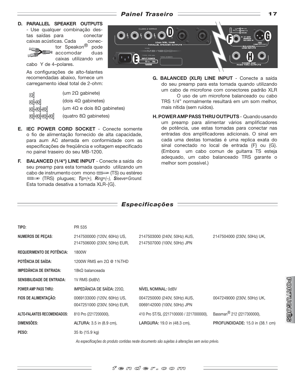 Especificações, Painel traseiro | Fender MB-1200 User Manual | Page 17 / 20