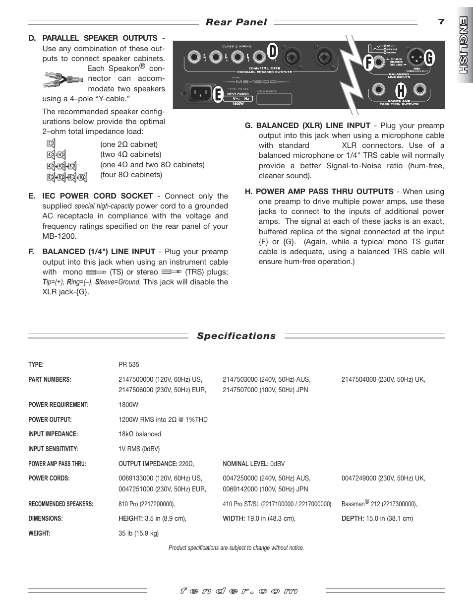 Specifications, Rear panel | Fender MB-1200 User Manual | Page 7 / 20