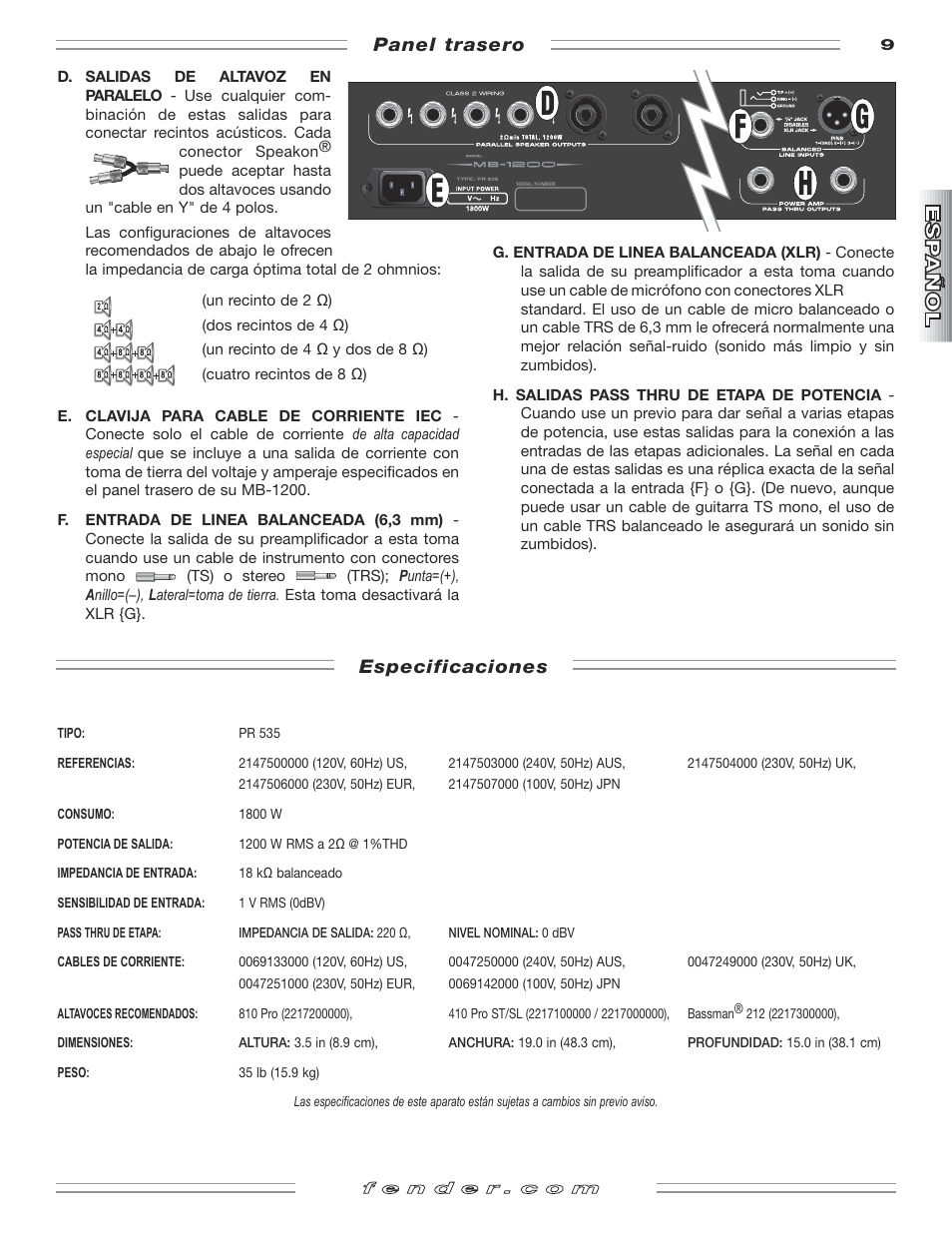 Especificaciones, Panel trasero | Fender MB-1200 User Manual | Page 9 / 20