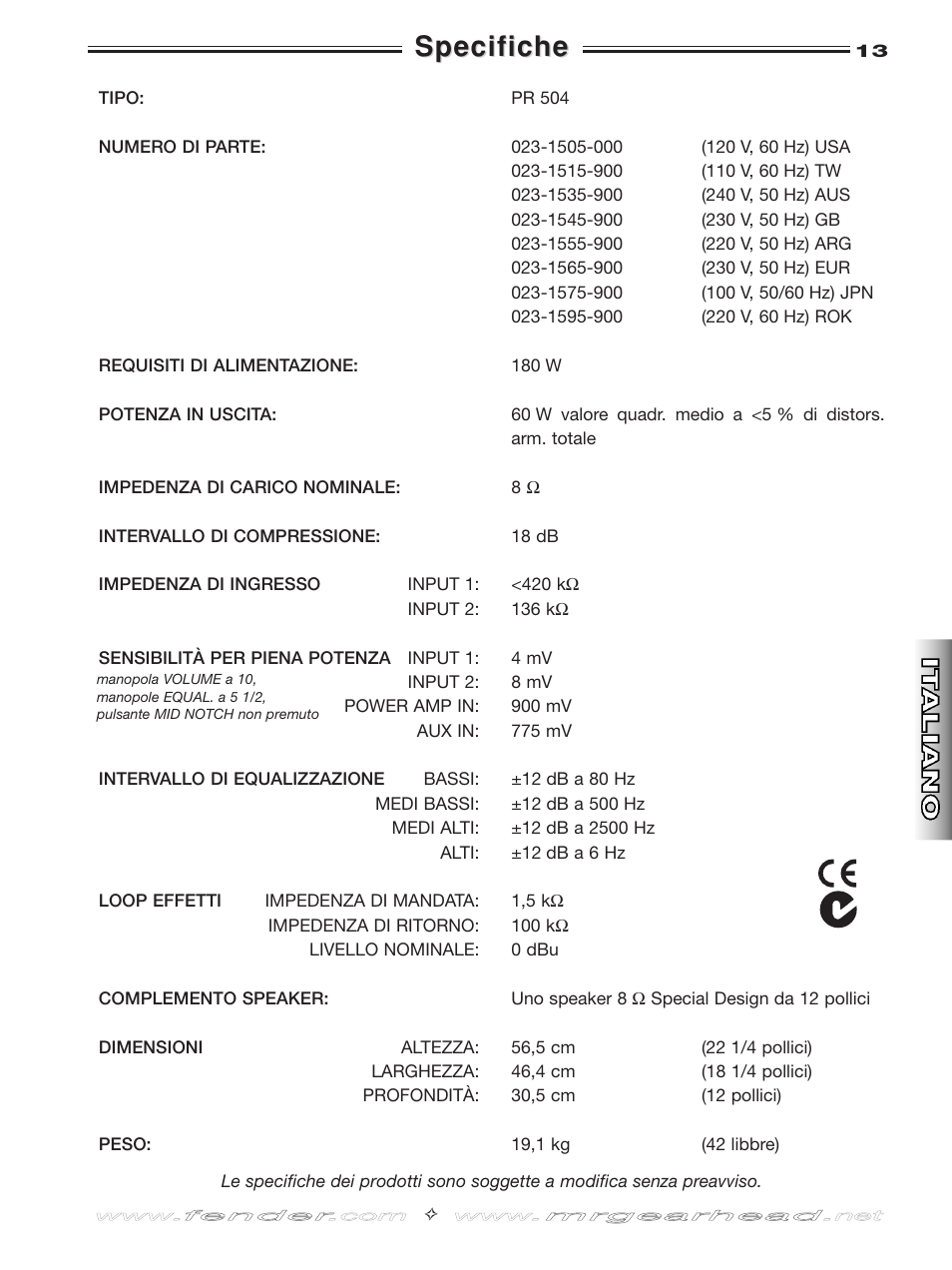 Specifiche | Fender Frontman 60B User Manual | Page 13 / 20