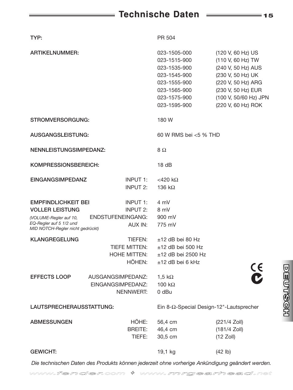 Technische daten echnische daten | Fender Frontman 60B User Manual | Page 15 / 20