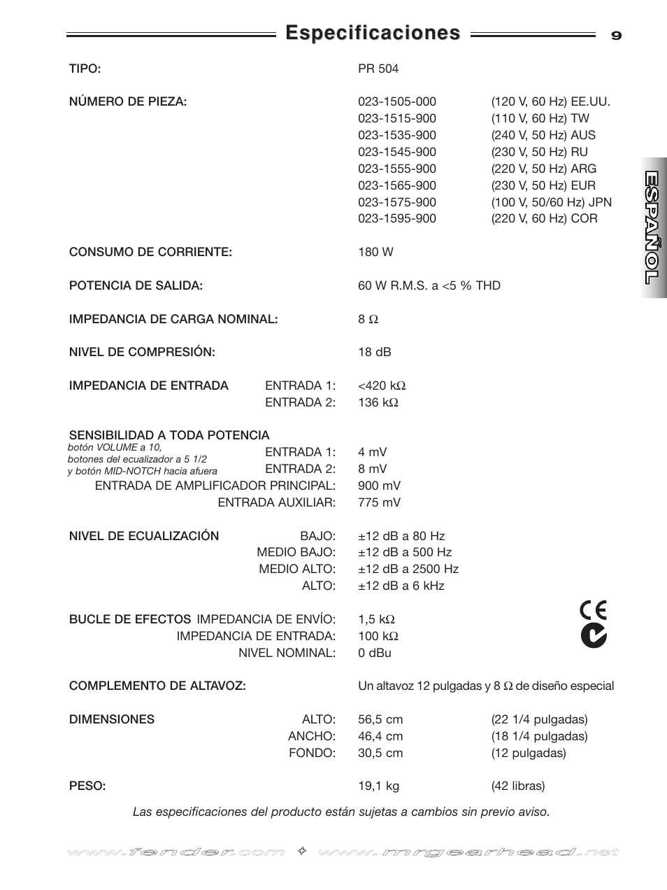 Especificaciones | Fender Frontman 60B User Manual | Page 9 / 20