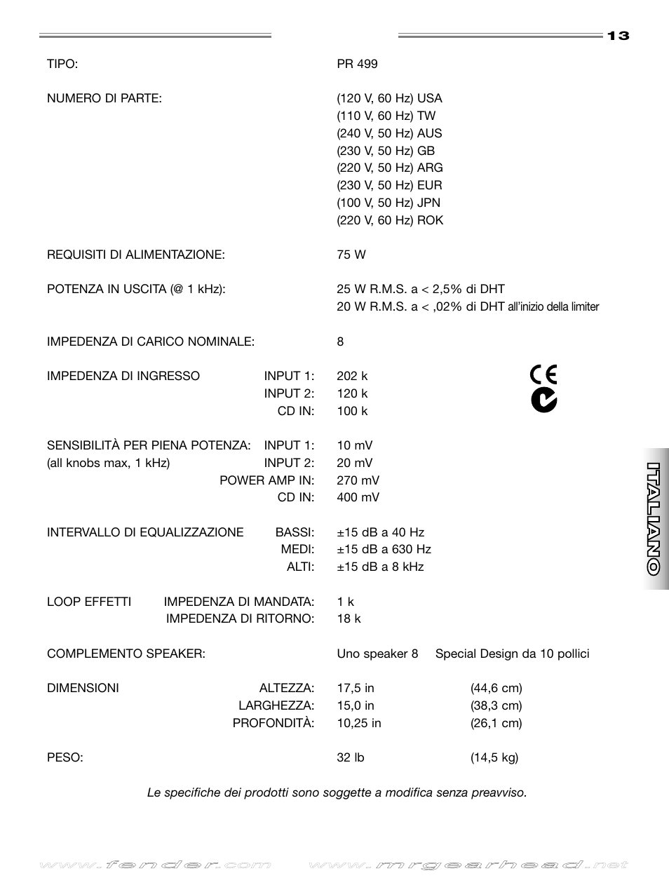 Specifiche, English, English esp añol esp añol | It aliano it aliano deutsch deutsch | Fender Rumble 25 User Manual | Page 13 / 20