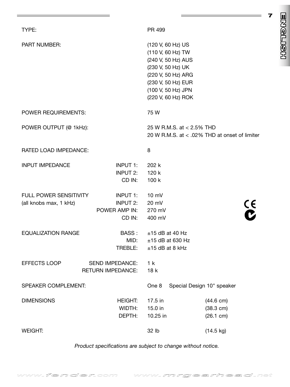 Specifications, English, English esp añol esp añol | It aliano it aliano deutsch deutsch | Fender Rumble 25 User Manual | Page 7 / 20