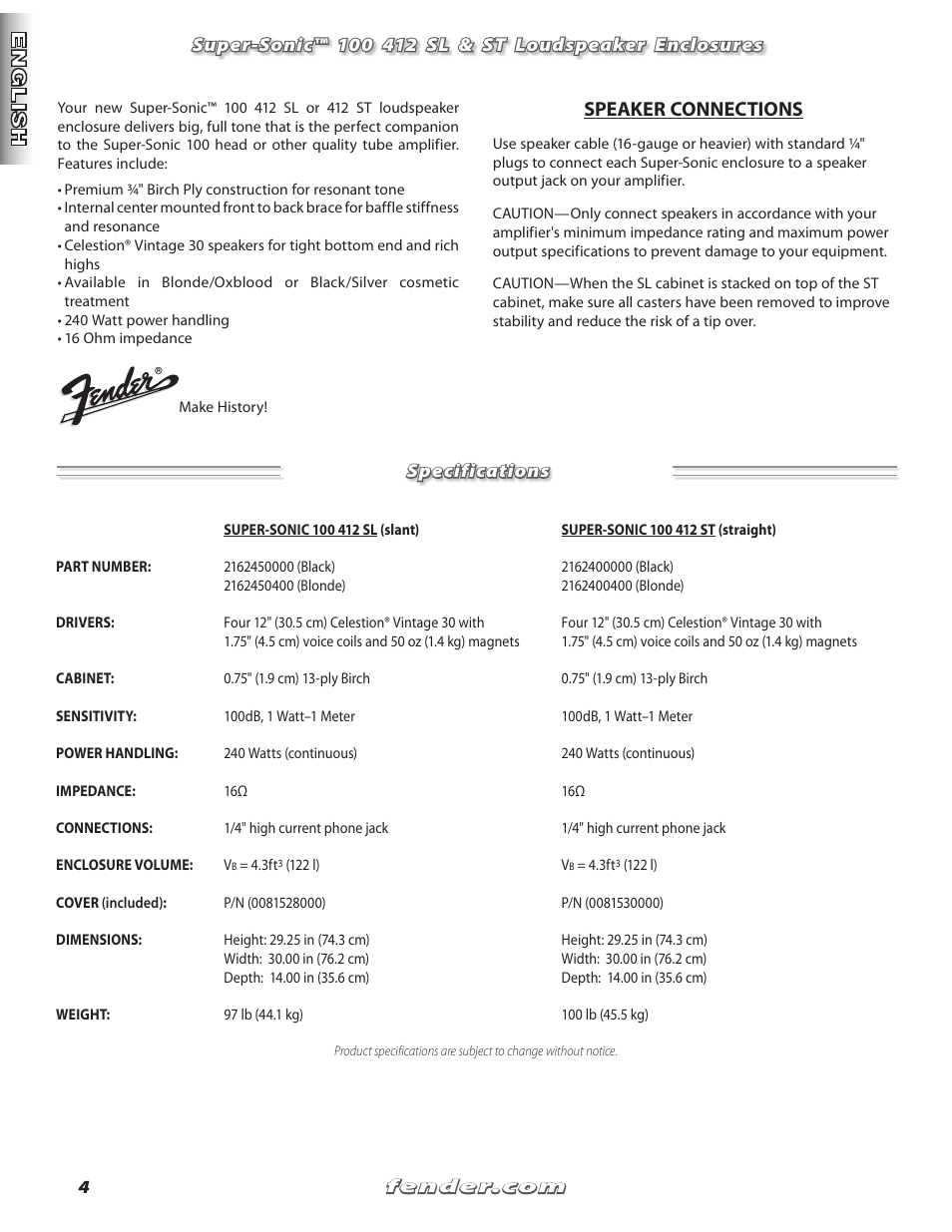 Speaker connections | Fender Super Sonic 100 412 ST User Manual | Page 4 / 12