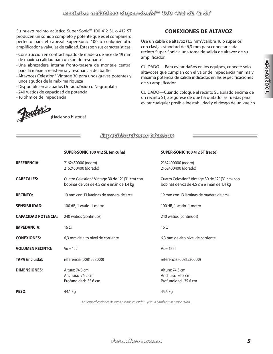 Conexiones de altavoz | Fender Super Sonic 100 412 ST User Manual | Page 5 / 12