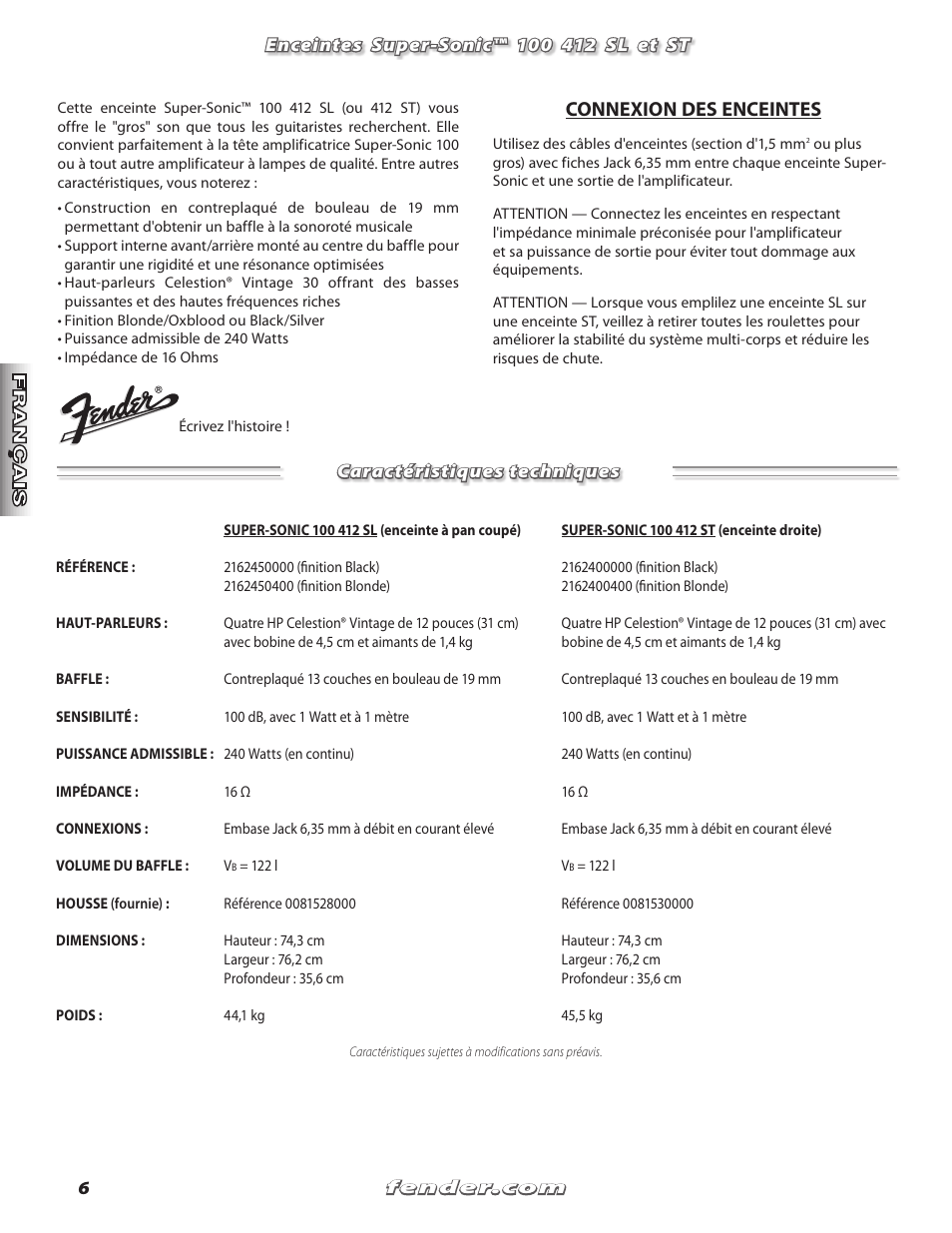 Connexion des enceintes | Fender Super Sonic 100 412 ST User Manual | Page 6 / 12