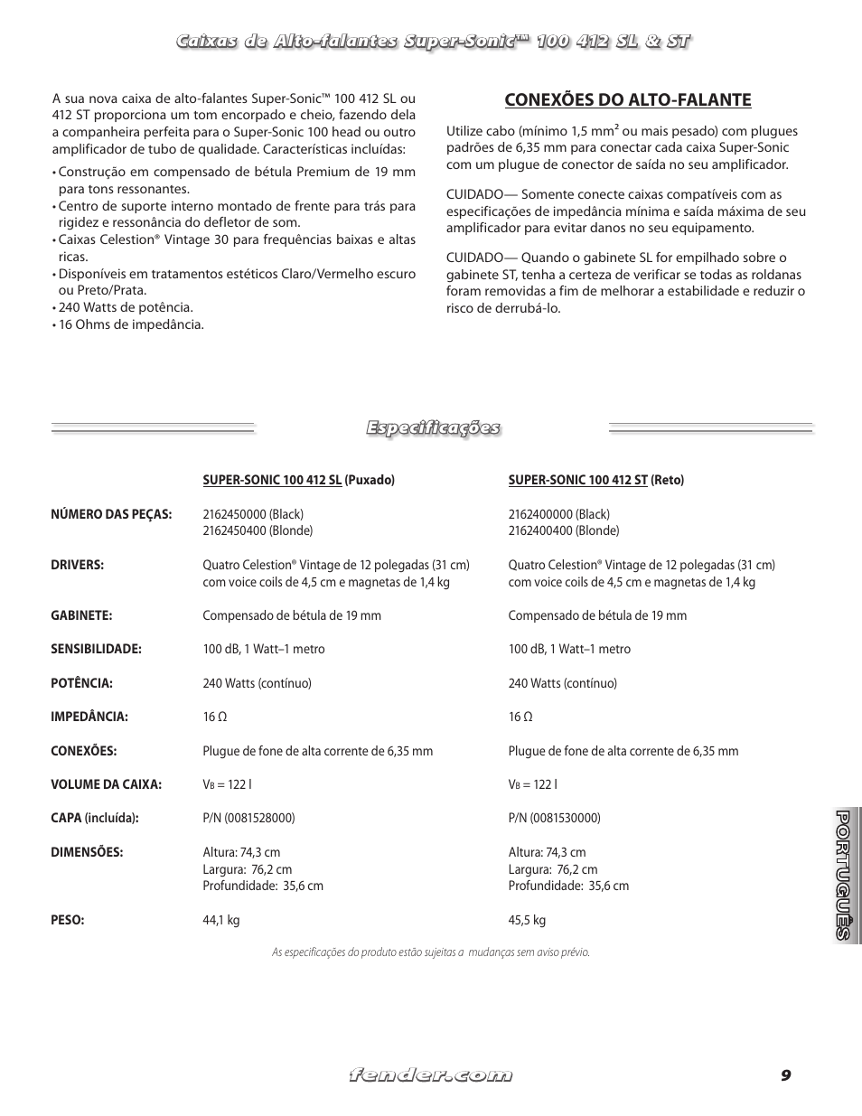 Conexões do alto-falante | Fender Super Sonic 100 412 ST User Manual | Page 9 / 12