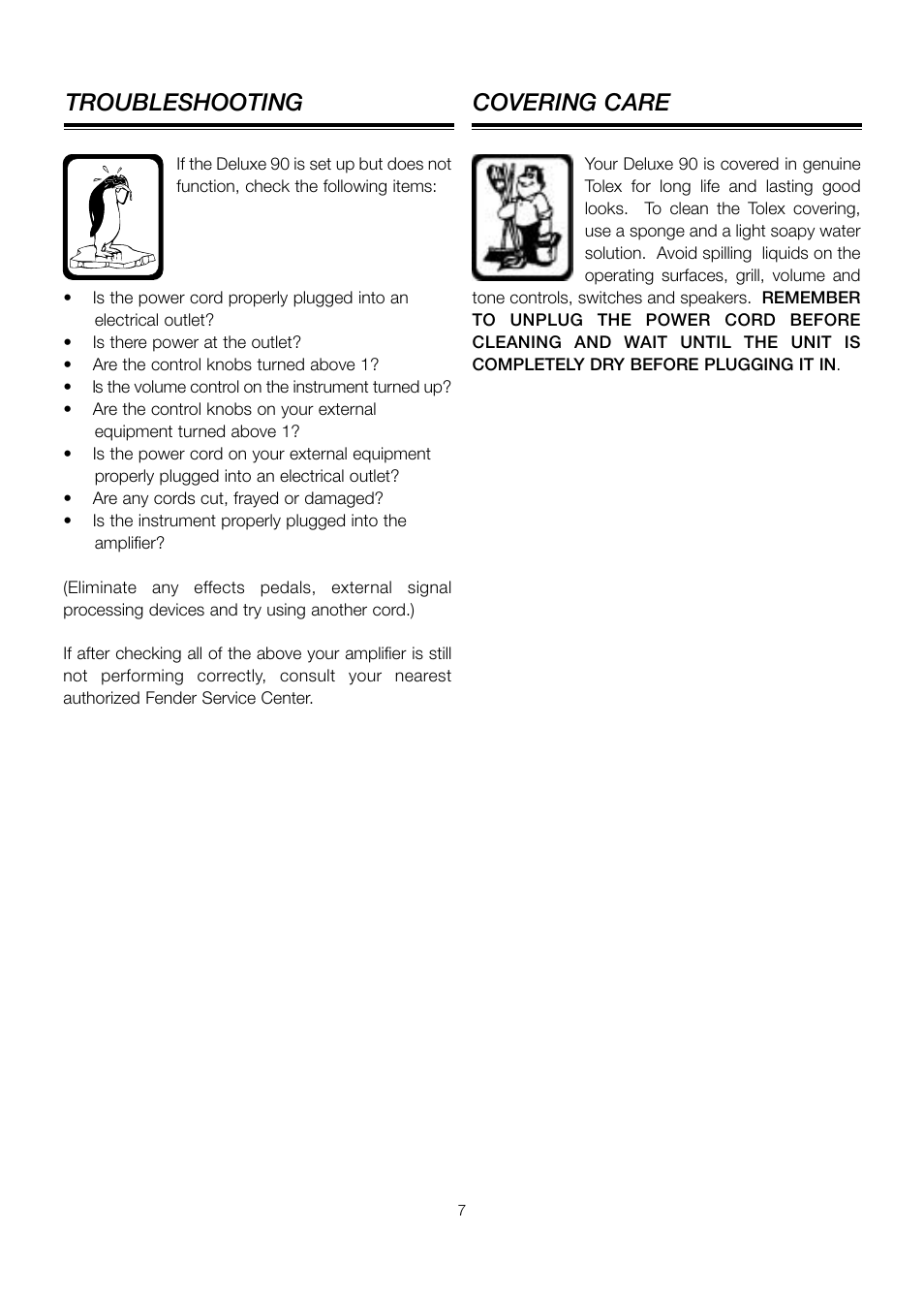 Covering care troubleshooting | Fender Deluxe 90 User Manual | Page 7 / 8