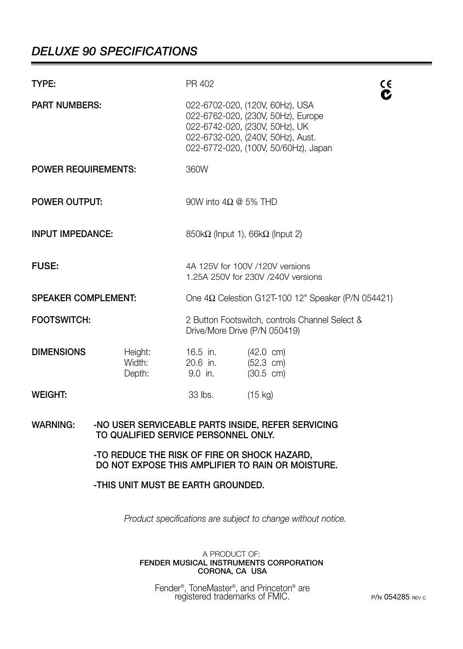 Deluxe 90 specifications | Fender Deluxe 90 User Manual | Page 8 / 8