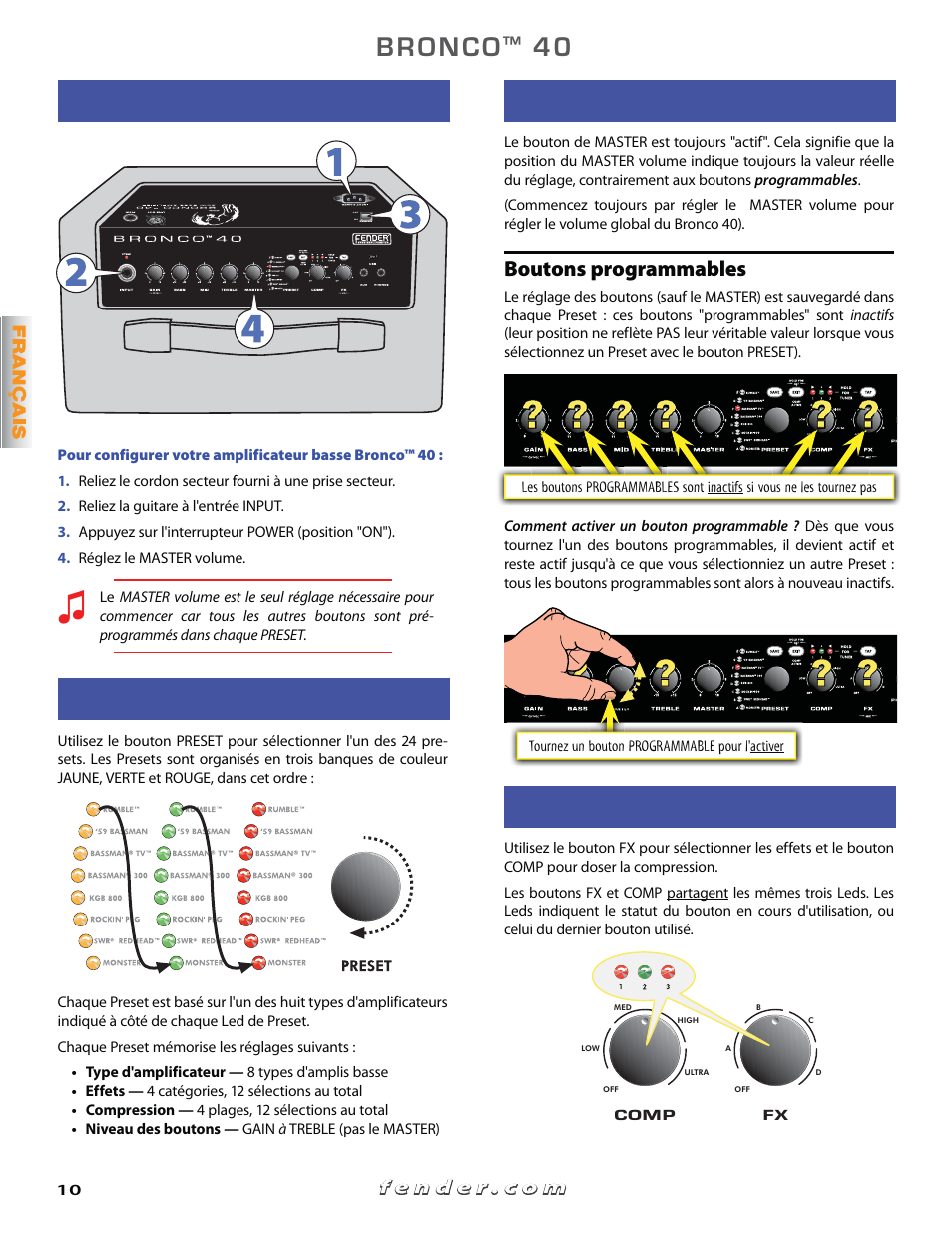 Pour commencer, Sélection de presets, Réglage des boutons | Effets et compression | Fender Bronko 40 (Quick start guide) User Manual | Page 10 / 22
