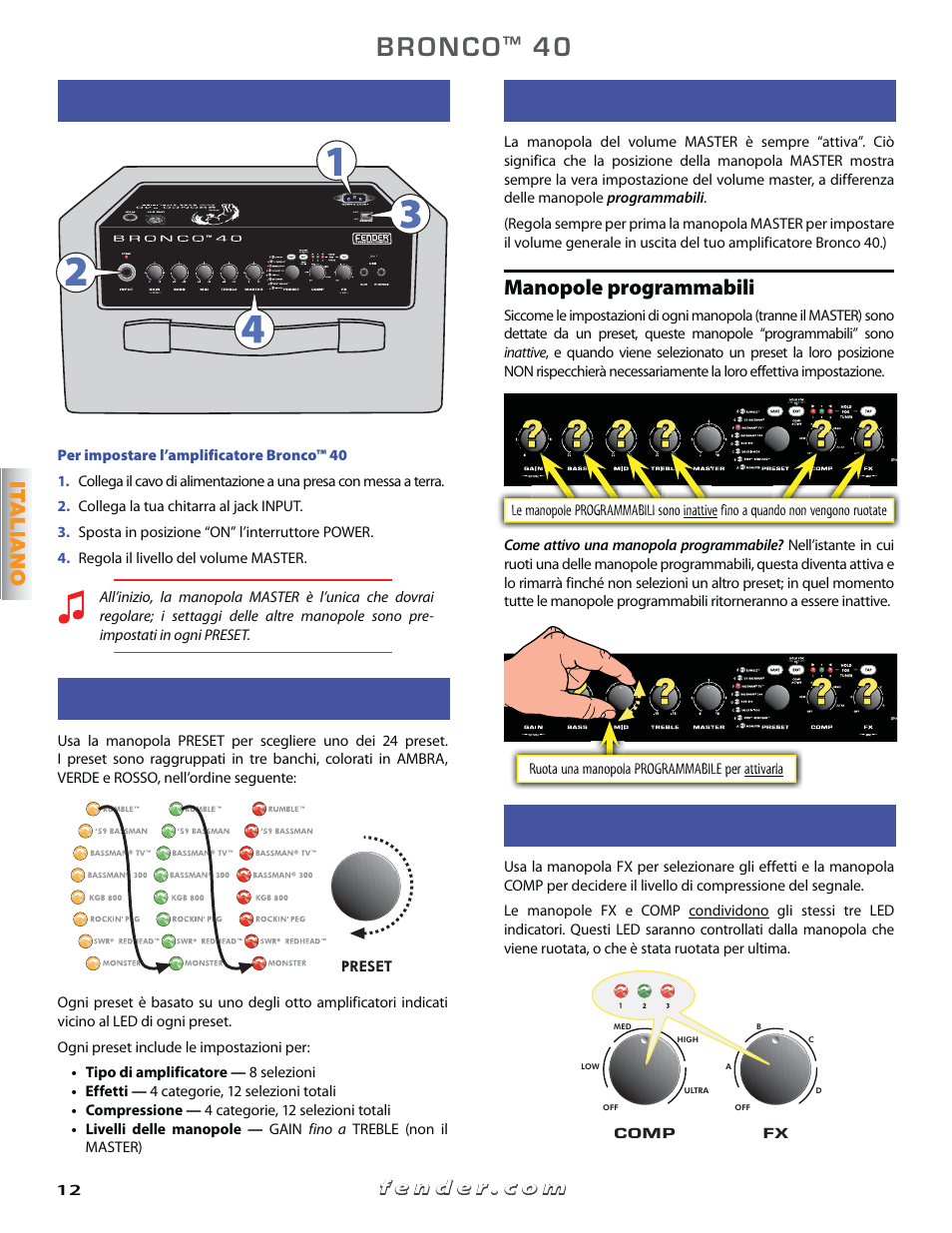 Per cominciare, Selezione preset, Setup manopole | Effetti e compressione, Manopole programmabili | Fender Bronko 40 (Quick start guide) User Manual | Page 12 / 22