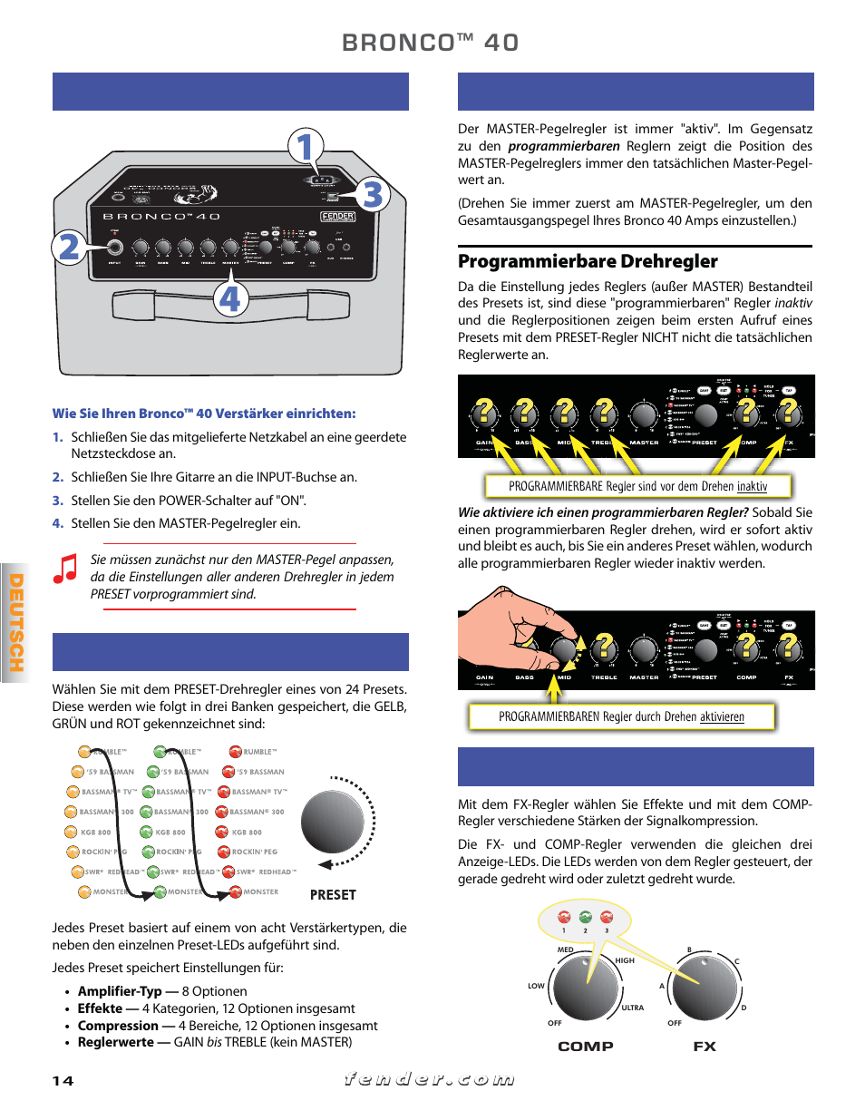 Erste schritte, Presets wählen, Reglereinstellungen | Effekte & kompression, Programmierbare drehregler | Fender Bronko 40 (Quick start guide) User Manual | Page 14 / 22