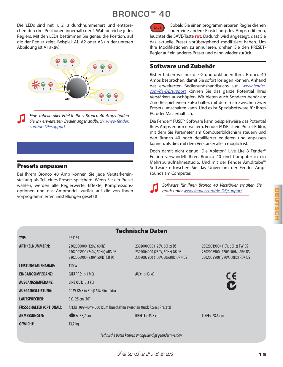 Weitere optionen, Presets anpassen, Software und zubehör | Technische daten | Fender Bronko 40 (Quick start guide) User Manual | Page 15 / 22