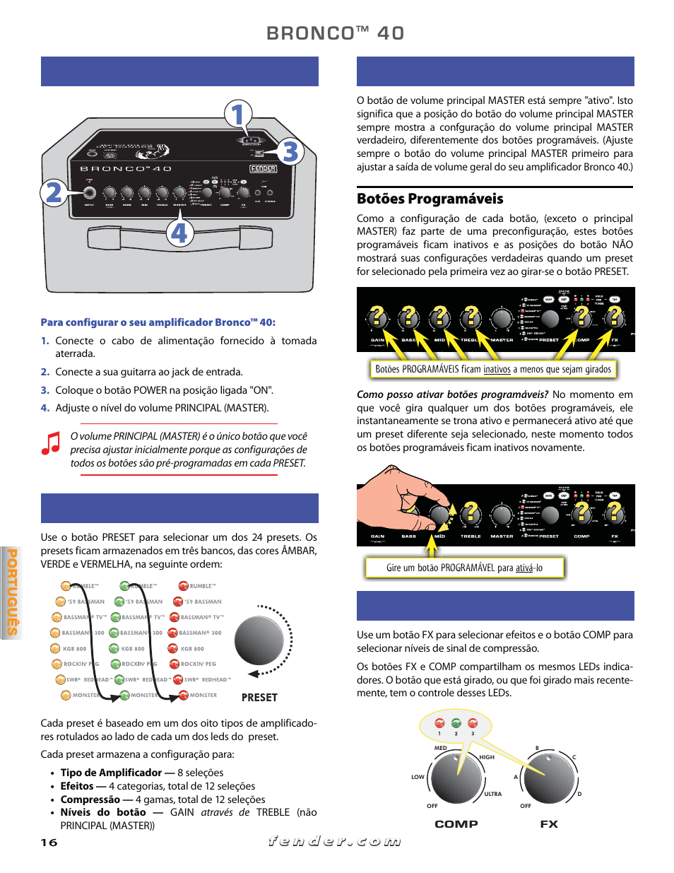 Iniciando, Efeitos & compressão, Selecionando presets | Configuração dos botões, Botões programáveis | Fender Bronko 40 (Quick start guide) User Manual | Page 16 / 22