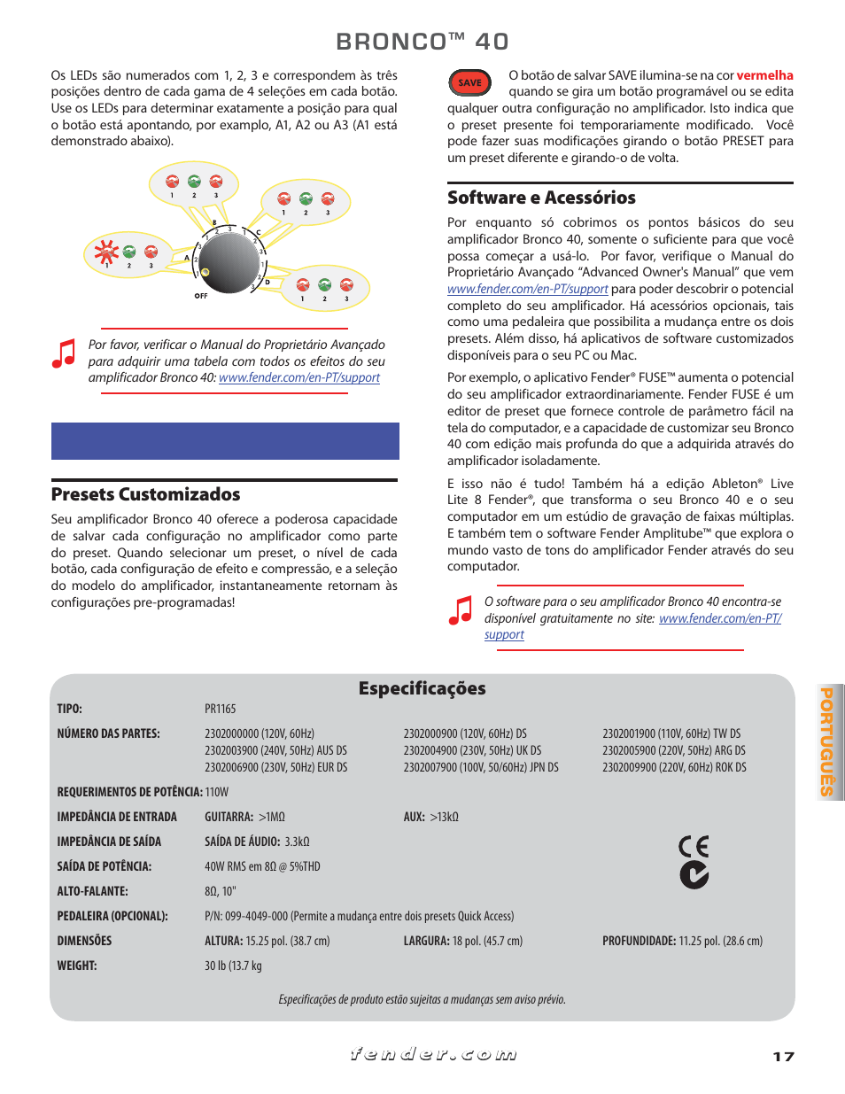 Avançado, Presets customizados, Software e acessórios | Especificações | Fender Bronko 40 (Quick start guide) User Manual | Page 17 / 22