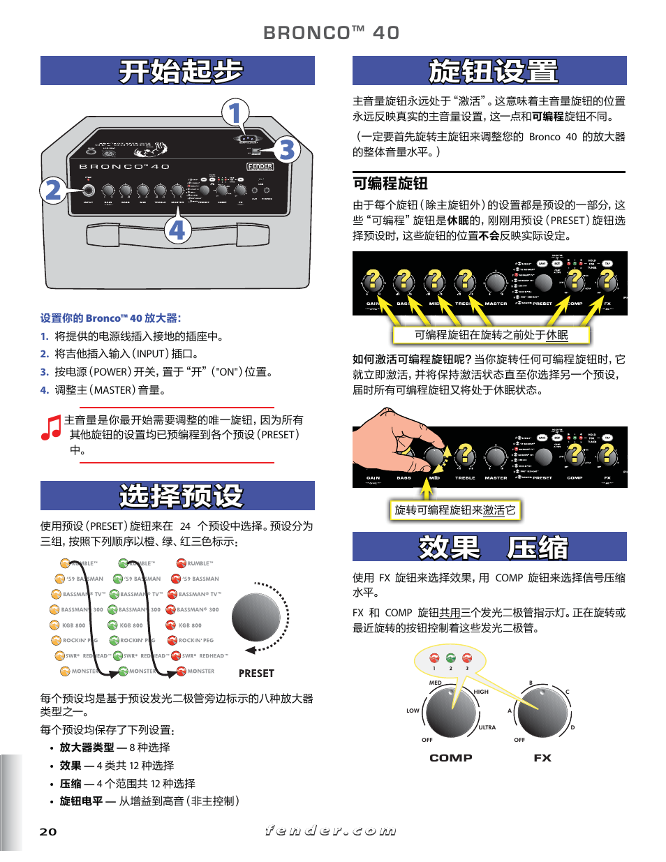 开始起步, 选择预设, 旋钮设置 | 效果 效果 & & 压缩 压缩 | Fender Bronko 40 (Quick start guide) User Manual | Page 20 / 22