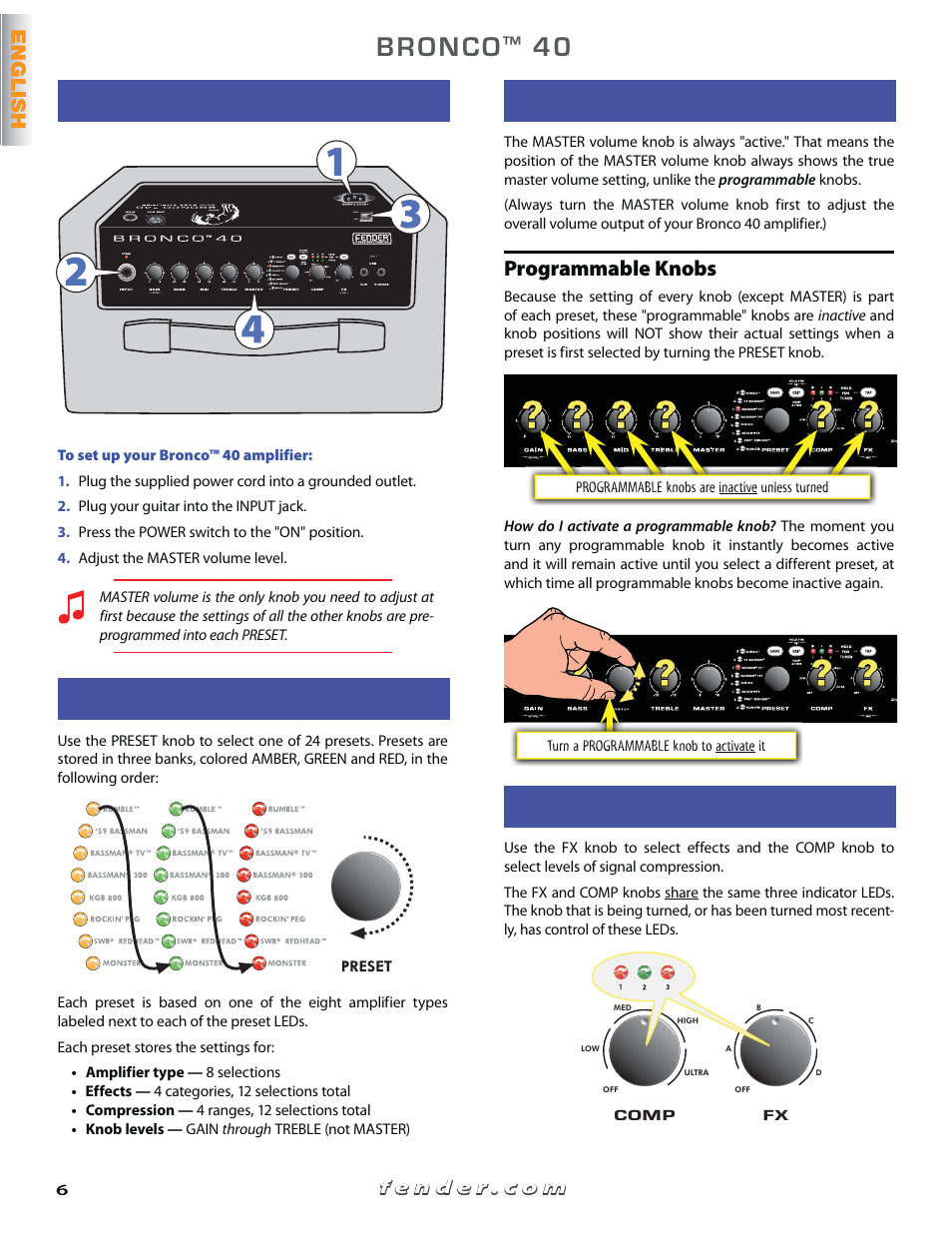 Getting started, Selecting presets, Knob settings | Effects & compression | Fender Bronko 40 (Quick start guide) User Manual | Page 6 / 22