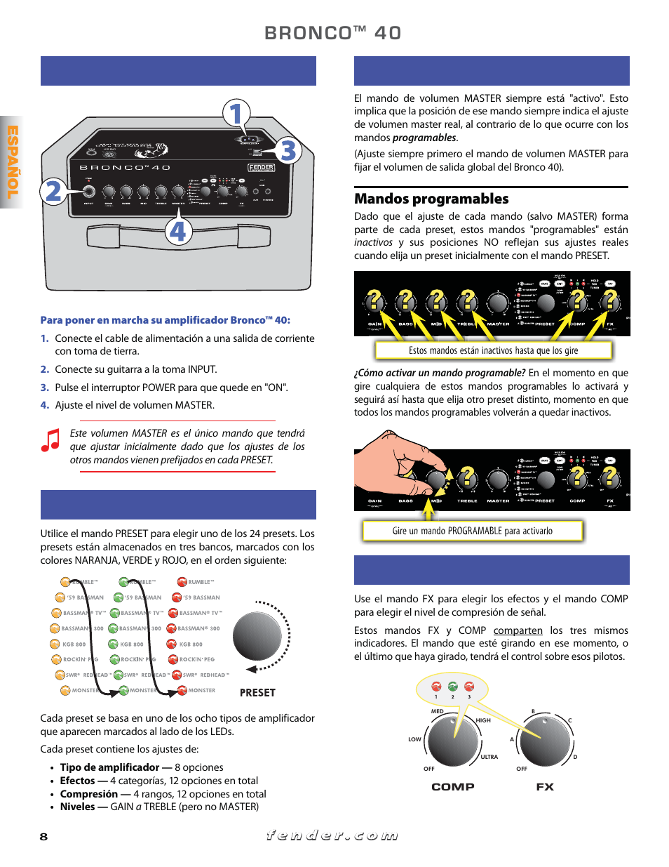 Puesta en marcha, Selección de presets, Ajustes de mandos | Efectos y compresión, Mandos programables | Fender Bronko 40 (Quick start guide) User Manual | Page 8 / 22
