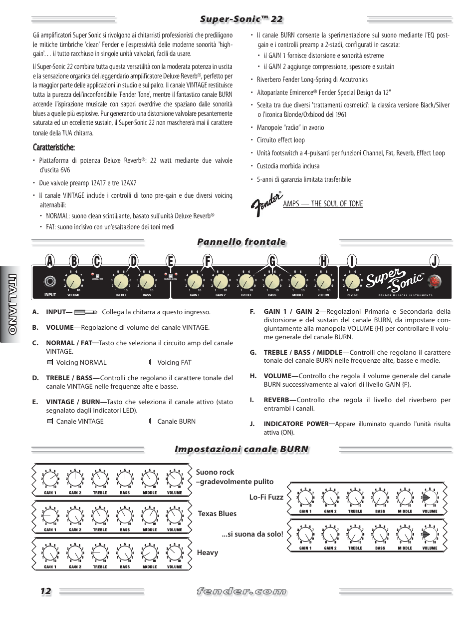 Caratteristiche, Amps — the soul of tone | Fender Super Sonic 22 User Manual | Page 12 / 20