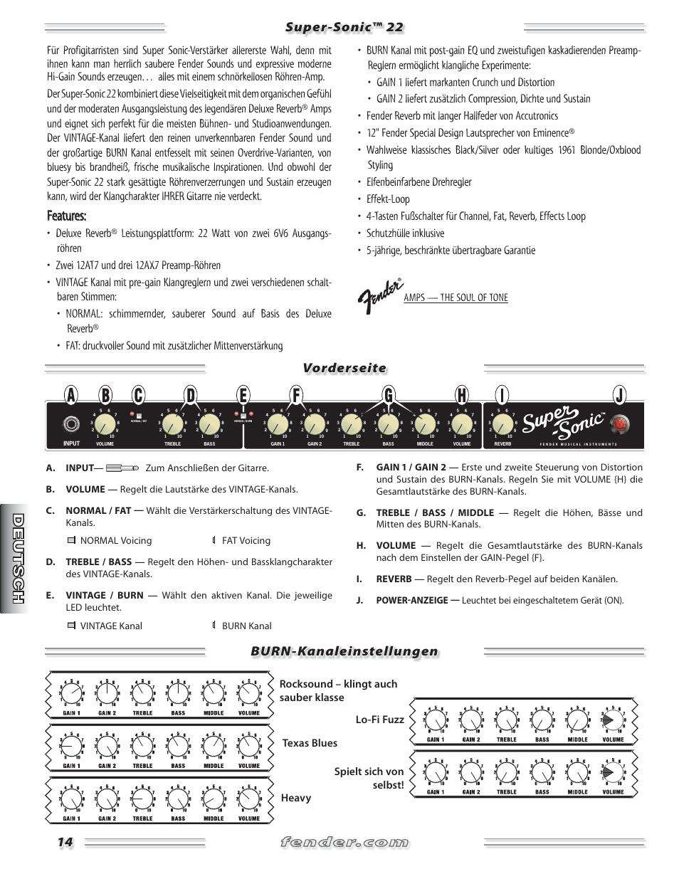 Features, Amps — the soul of tone | Fender Super Sonic 22 User Manual | Page 14 / 20