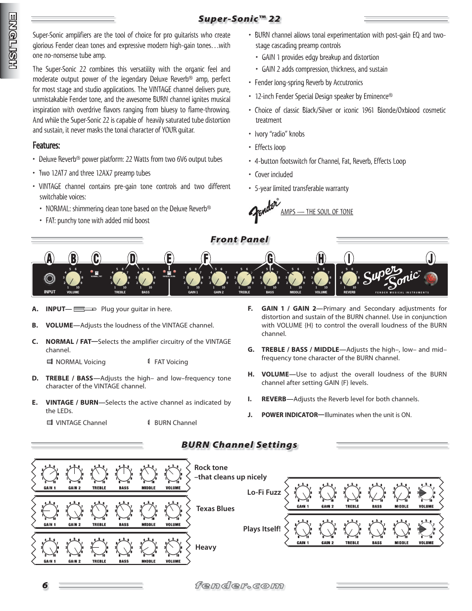 Features, Amps — the soul of tone | Fender Super Sonic 22 User Manual | Page 6 / 20
