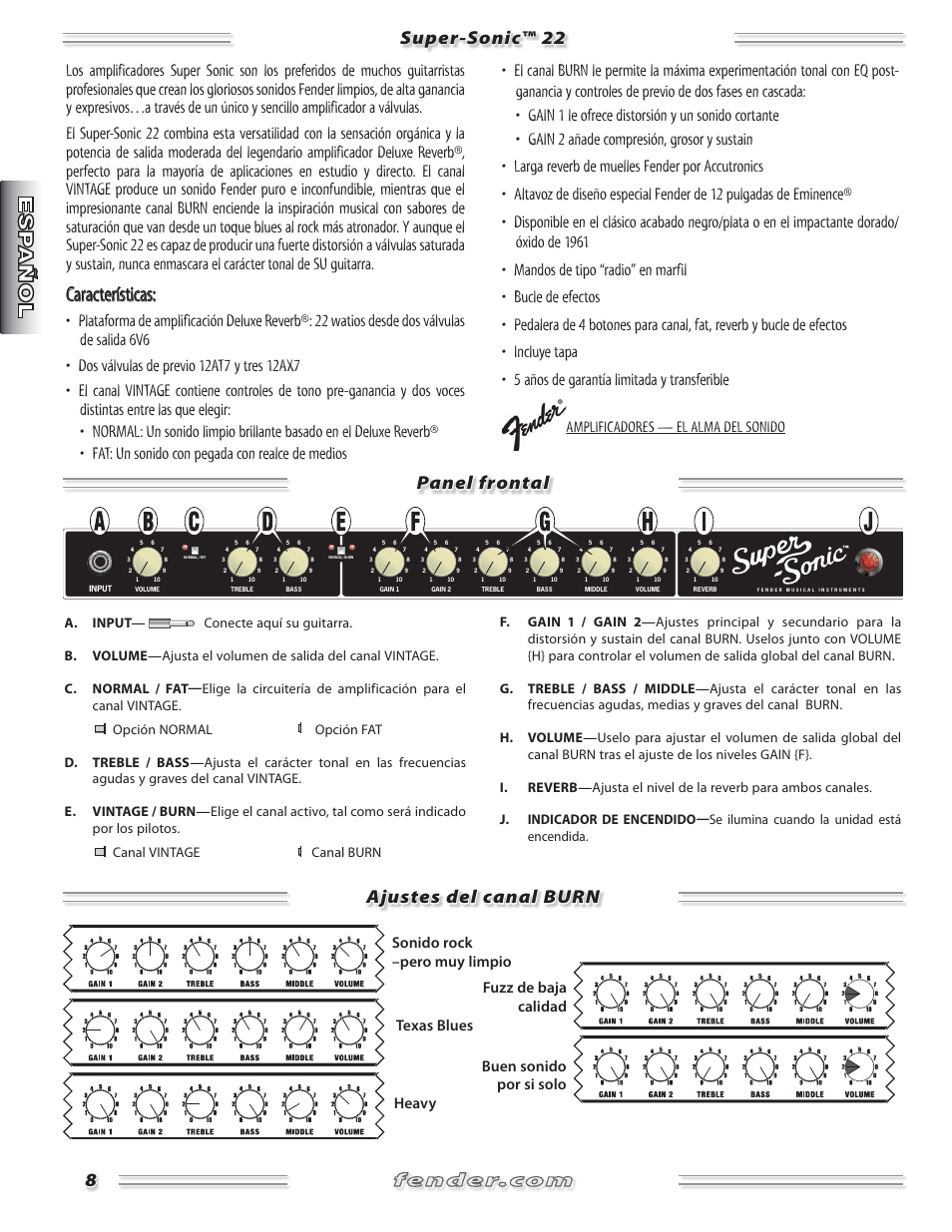 Características, Amplificadores — el alma del sonido | Fender Super Sonic 22 User Manual | Page 8 / 20