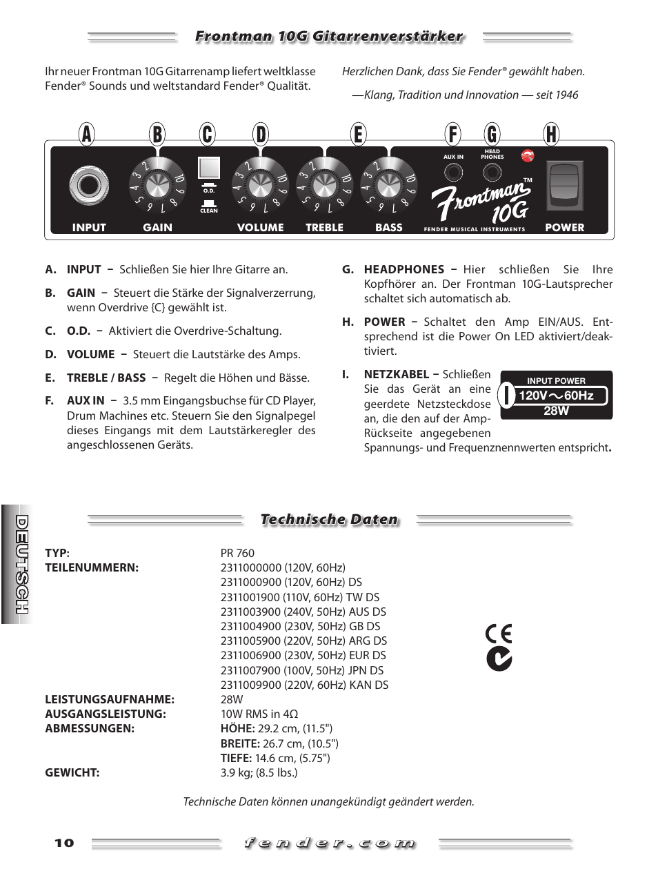 Frontman 10g gitarrenverstärker, Technische daten | Fender Frontman 10G User Manual | Page 10 / 16