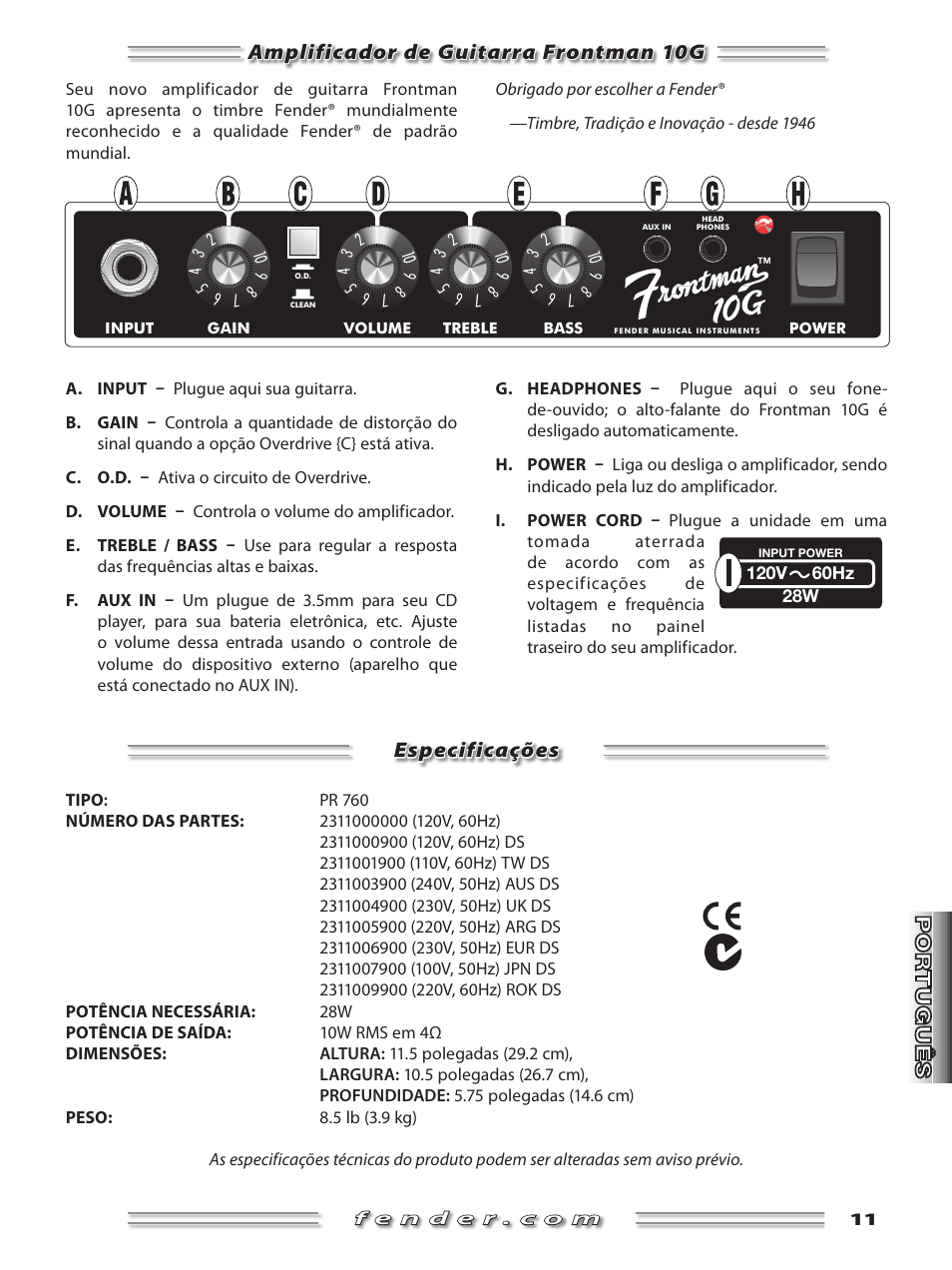 Amplificador de guitarra frontman 10g, Especificações | Fender Frontman 10G User Manual | Page 11 / 16