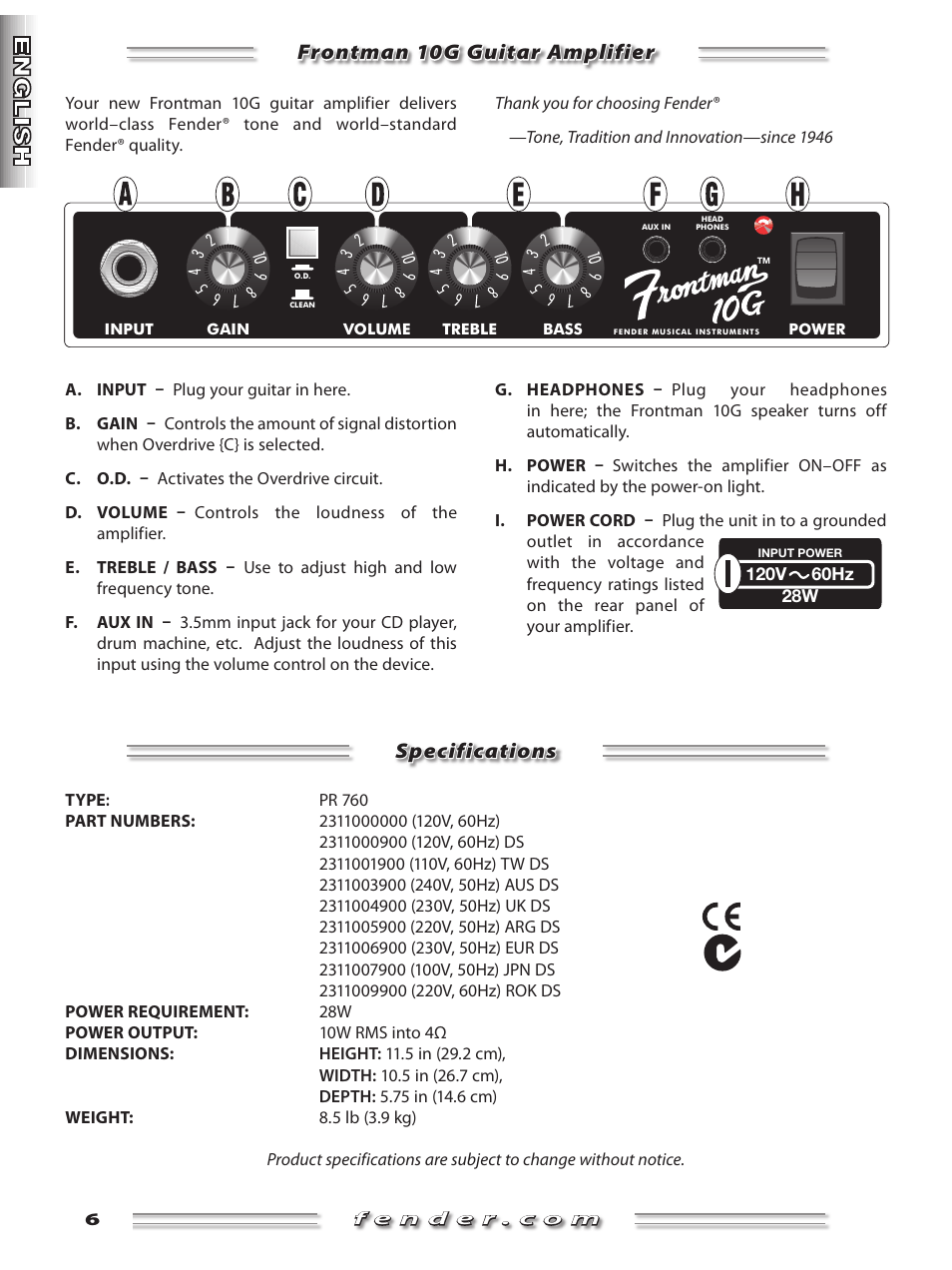 Frontman 10g guitar amplifier, Specifications | Fender Frontman 10G User Manual | Page 6 / 16