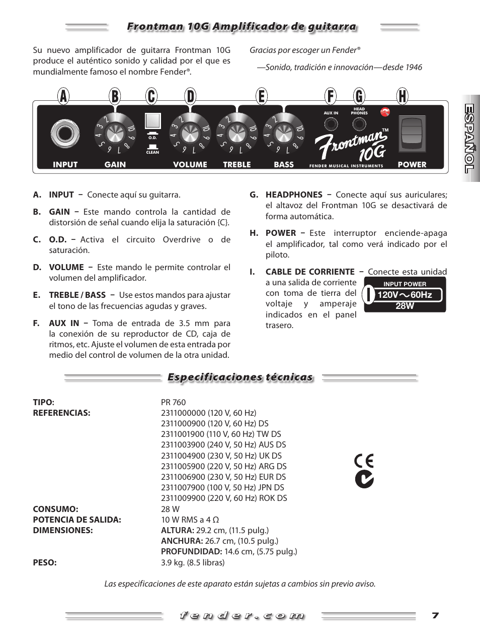 Frontman 10g amplificador de guitarra, Especificaciones técnicas | Fender Frontman 10G User Manual | Page 7 / 16