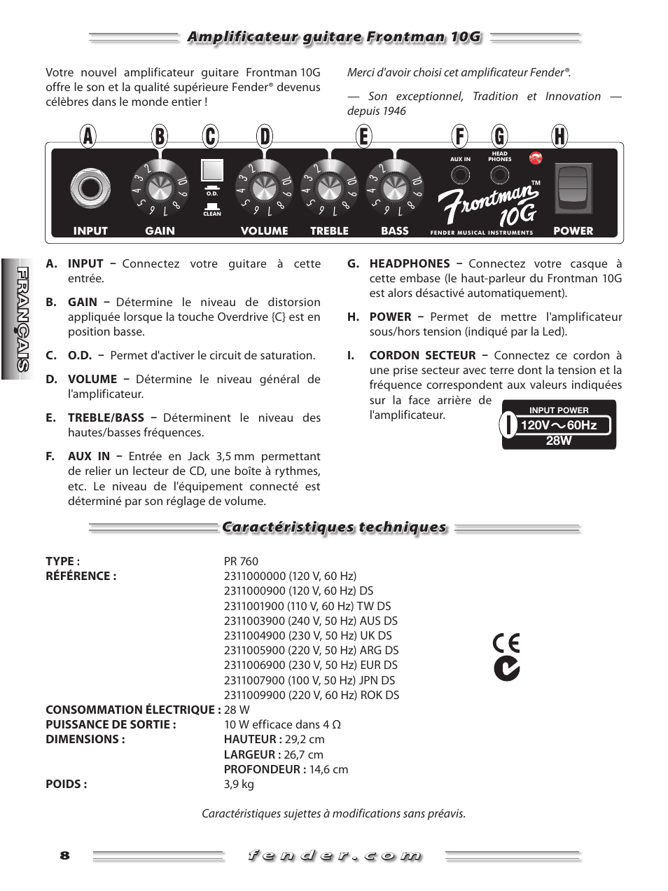 Amplificateur guitare frontman 10g, Caractéristiques techniques | Fender Frontman 10G User Manual | Page 8 / 16