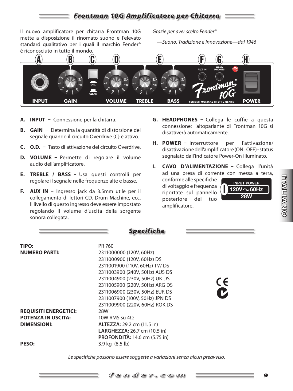 Frontman 10g amplificatore per chitarra, Specifiche | Fender Frontman 10G User Manual | Page 9 / 16