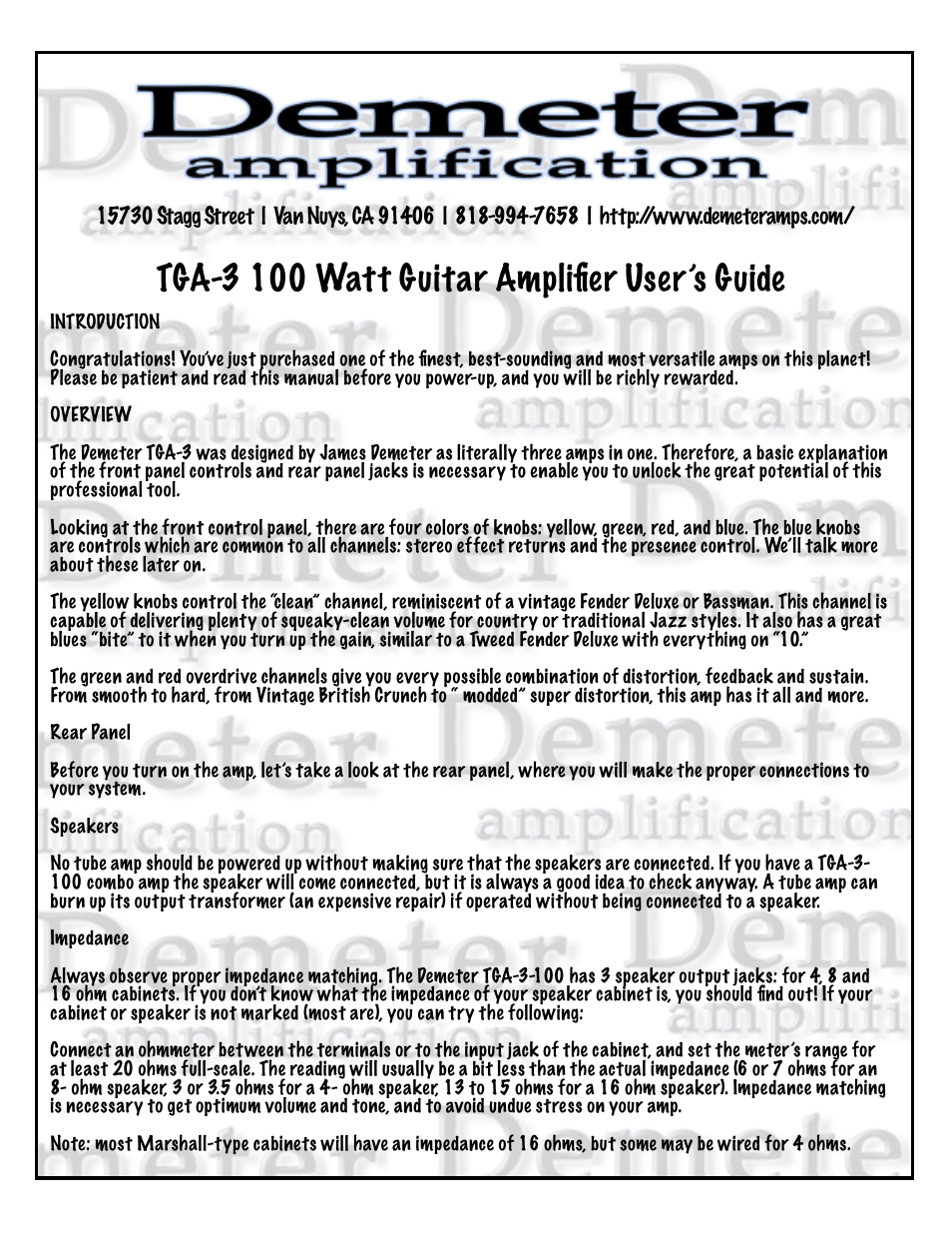 Demeter Amps TGA-3 User Manual | 6 pages
