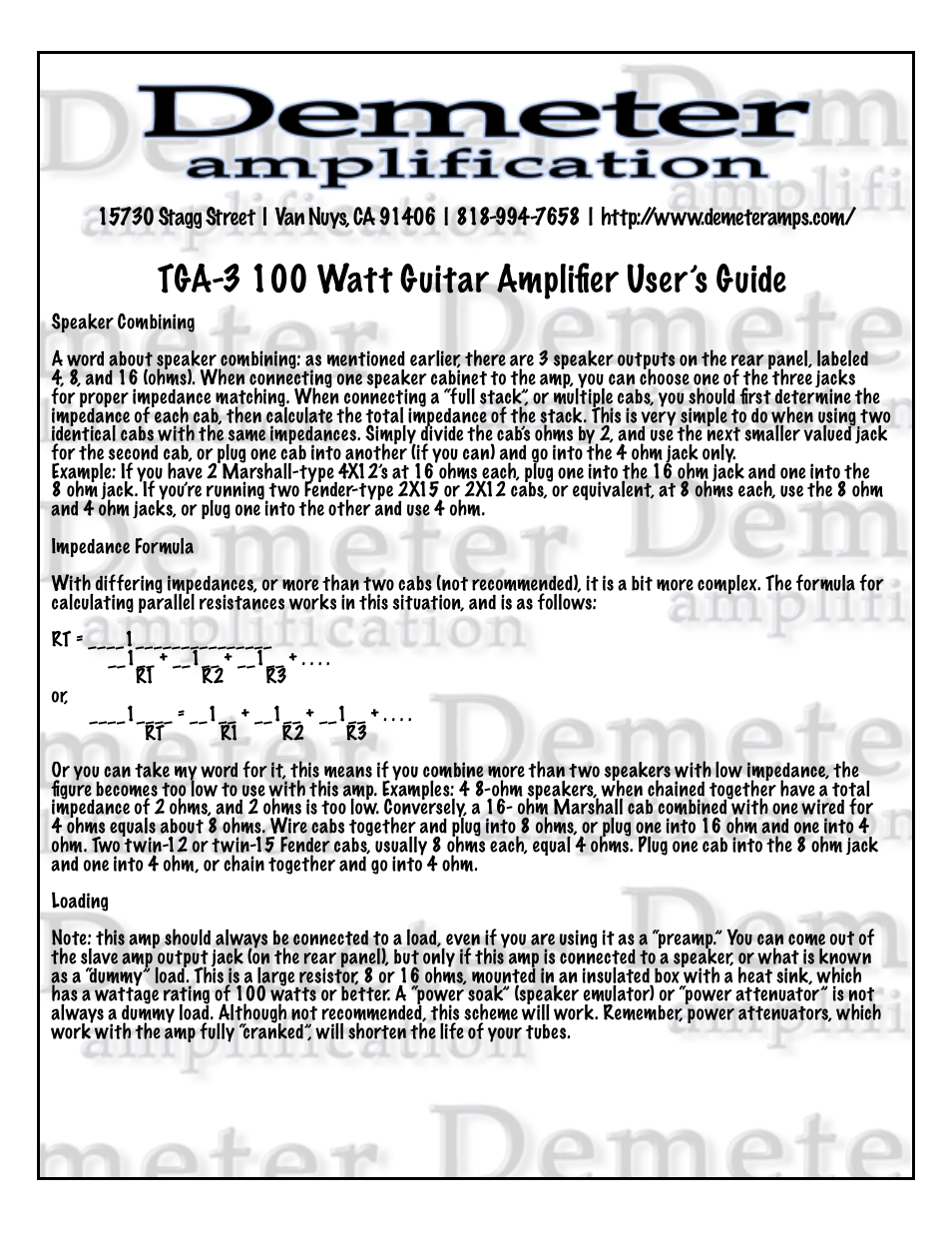 Tga-3 100 watt guitar ampliﬁer user’s guide | Demeter Amps TGA-3 User Manual | Page 2 / 6