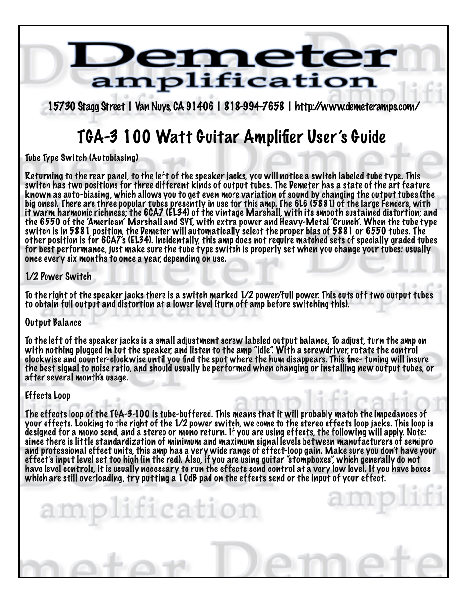 Tga-3 100 watt guitar ampliﬁer user’s guide | Demeter Amps TGA-3 User Manual | Page 3 / 6