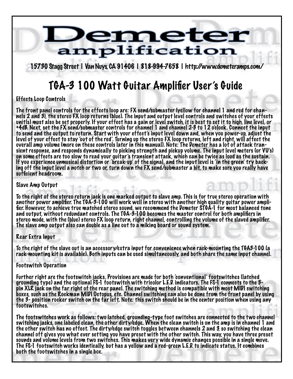 Tga-3 100 watt guitar ampliﬁer user’s guide | Demeter Amps TGA-3 User Manual | Page 4 / 6
