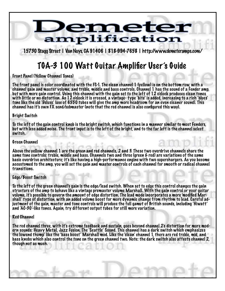 Tga-3 100 watt guitar ampliﬁer user’s guide | Demeter Amps TGA-3 User Manual | Page 5 / 6