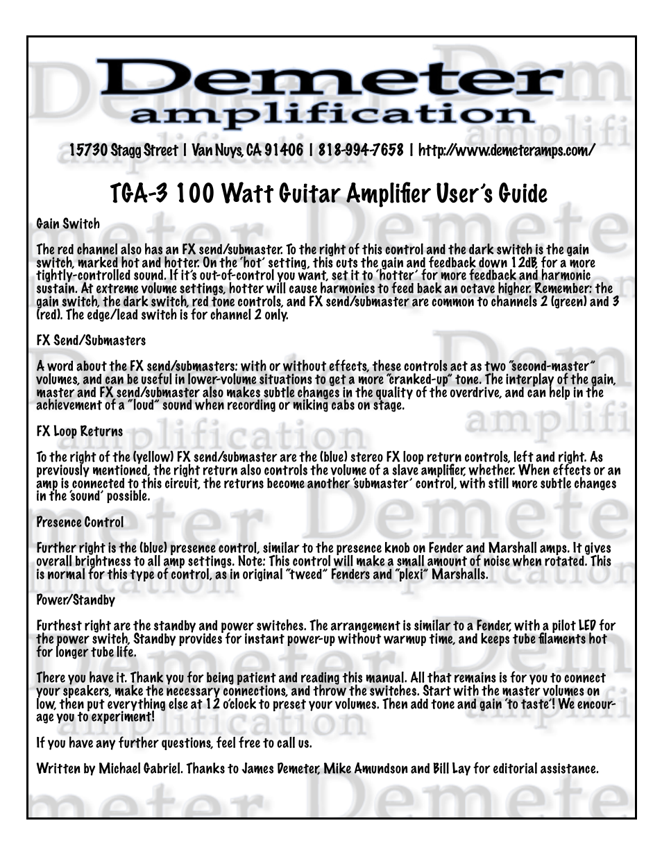 Tga-3 100 watt guitar ampliﬁer user’s guide | Demeter Amps TGA-3 User Manual | Page 6 / 6