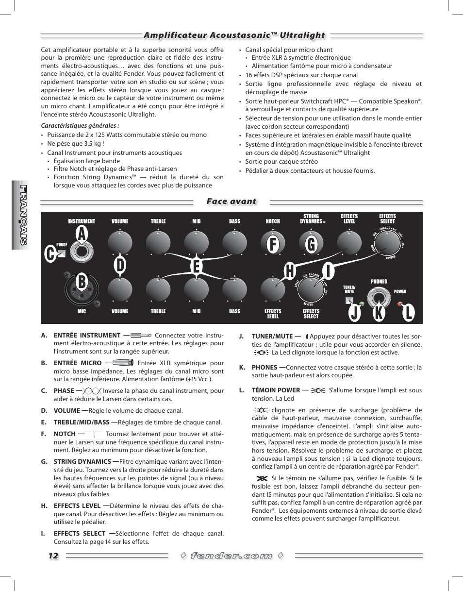 Face avant ◊ ◊ 12, Amplificateur acoustasonic™ ultralight | Fender Acoustasonic Ultralight User Manual | Page 12 / 28