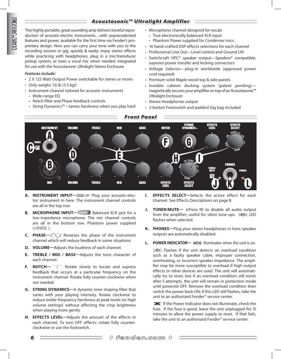 Front panel ◊ ◊ 6, Acoustasonic™ ultralight amplifier | Fender Acoustasonic Ultralight User Manual | Page 6 / 28