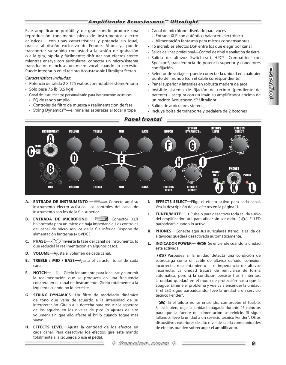9◊ ◊ panel frontal, Amplificador acoustasonic™ ultralight | Fender Acoustasonic Ultralight User Manual | Page 9 / 28