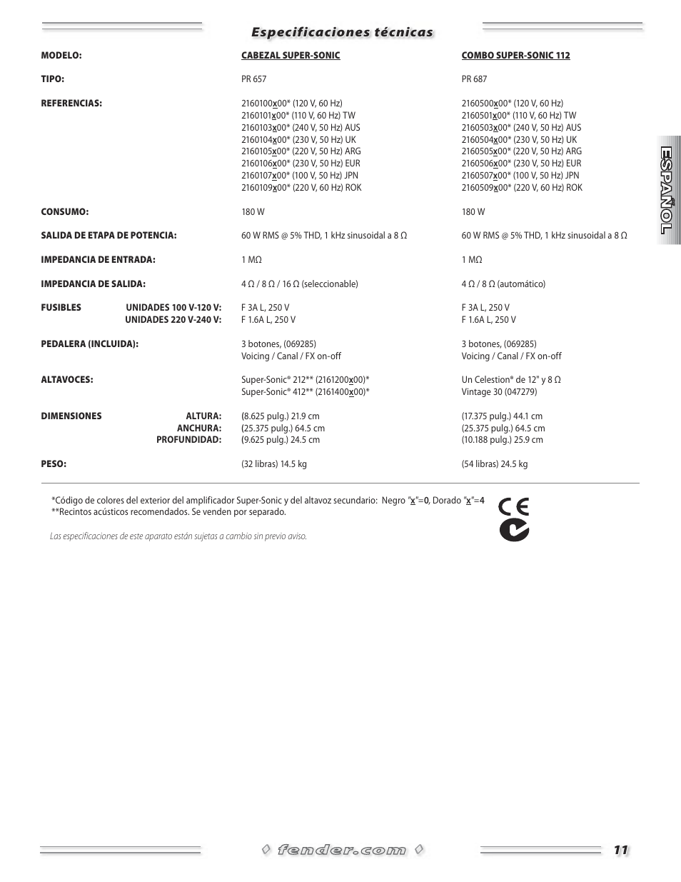 Especificaciones técnicas | Fender Super-Sonic Head & 112 Combo Amplifiers User Manual | Page 11 / 28