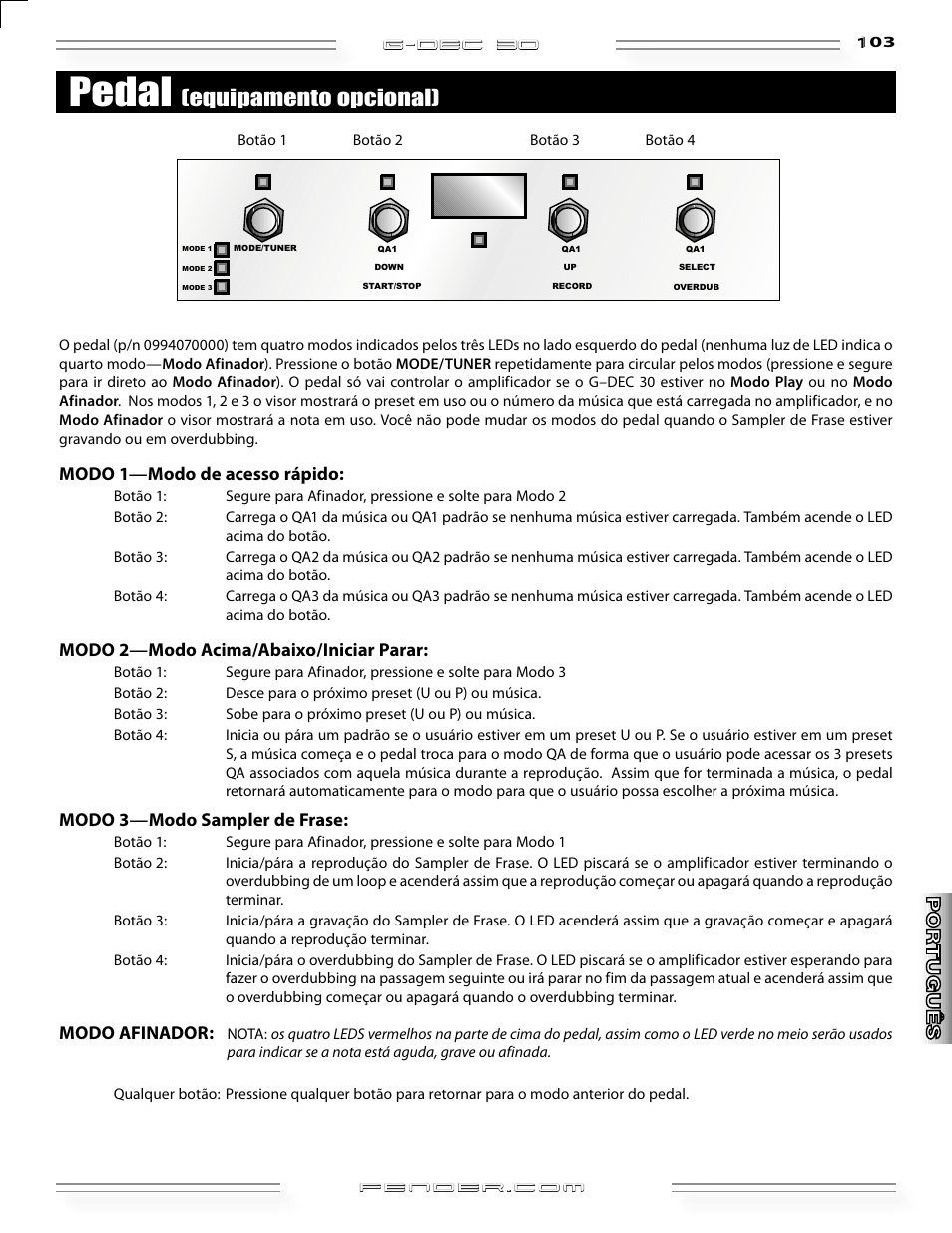 Pedal, Equipamento opcional), G-dec 3o | Modo 1—modo de acesso rápido, Modo 2—modo acima/abaixo/iniciar parar, Modo 3—modo sampler de frase, Modo afinador | Fender G-DEC 30 User Manual | Page 103 / 128