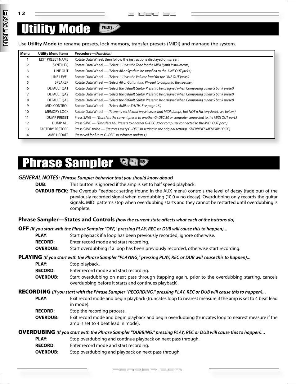 Utility mode, Phrase sampler, G-dec 3o | Phrase sampler—states and controls, Playing, Recording, Overdubing | Fender G-DEC 30 User Manual | Page 12 / 128