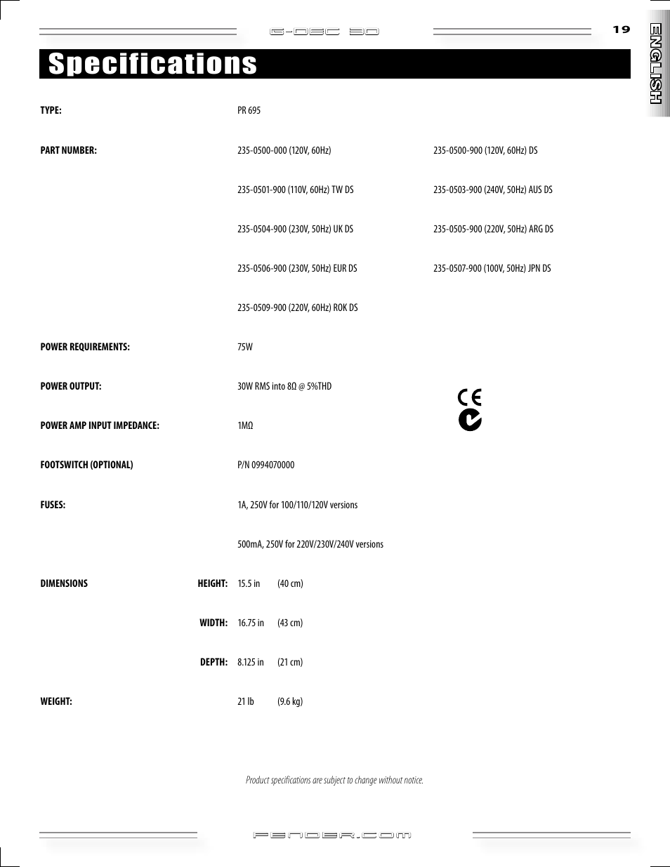 Specifications | Fender G-DEC 30 User Manual | Page 19 / 128