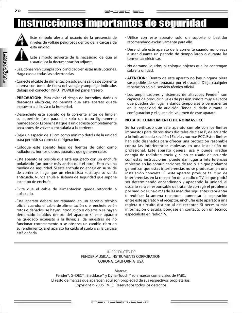 Instrucciones importantes de seguridad | Fender G-DEC 30 User Manual | Page 20 / 128