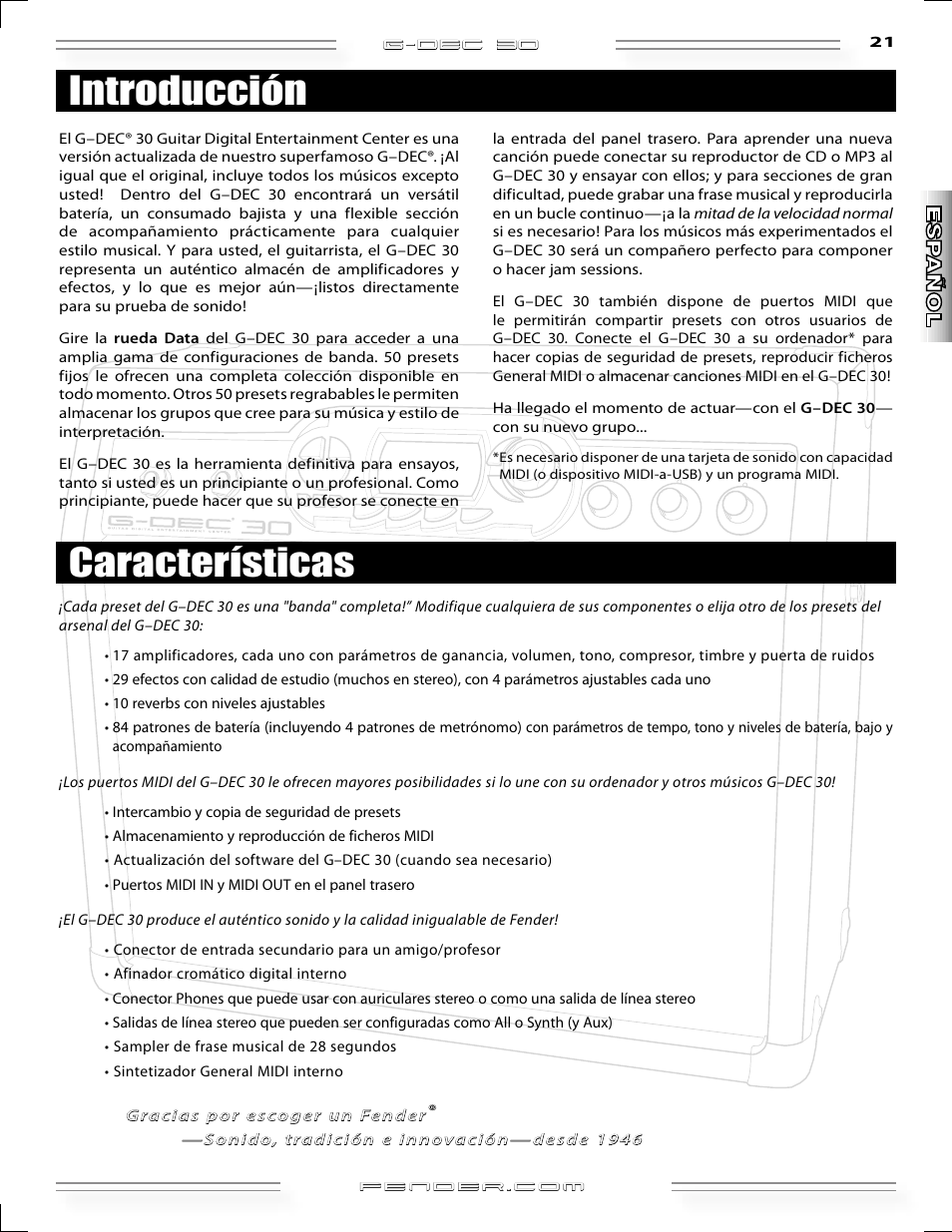 Introducción características | Fender G-DEC 30 User Manual | Page 21 / 128