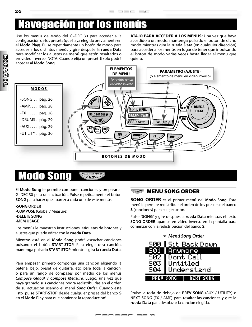 Modo song navegación por los menús, Menu song order | Fender G-DEC 30 User Manual | Page 26 / 128